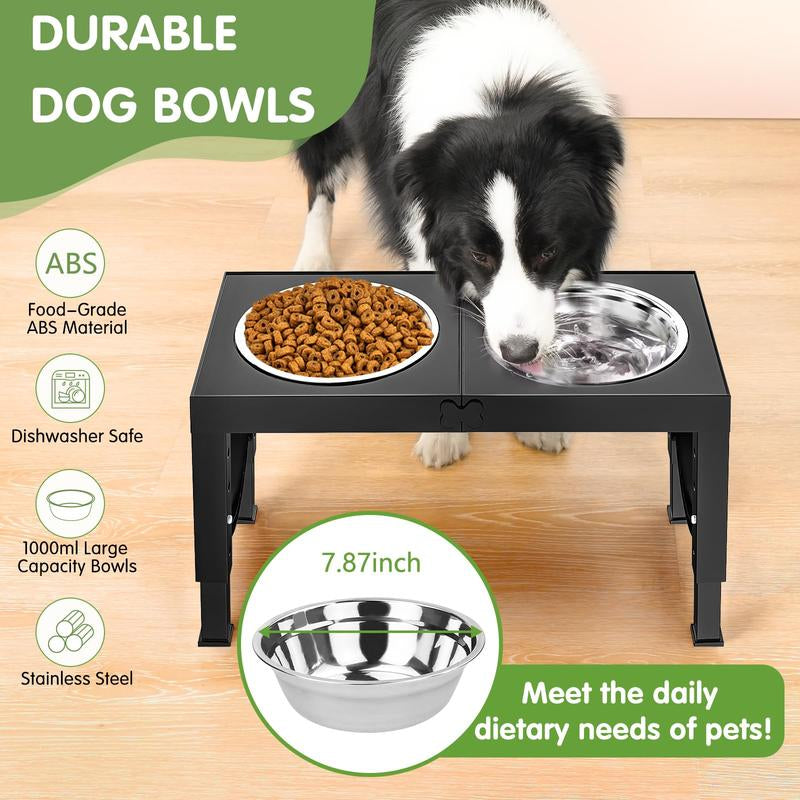 Elevated Dog Bowls Foldable, Raised Feeder Bowls Stand Set with 2 Stainless Steel Bowls,Portable Adjusts to 5 Heights, Dog Food Water Bowls for Large Medium Small Dogs and Cats,Black/White/Pink/Grey
