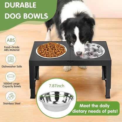 Elevated Dog Bowls Foldable, Raised Feeder Bowls Stand Set with 2 Stainless Steel Bowls,Portable Adjusts to 5 Heights, Dog Food Water Bowls for Large Medium Small Dogs and Cats,Black/White/Pink/Grey