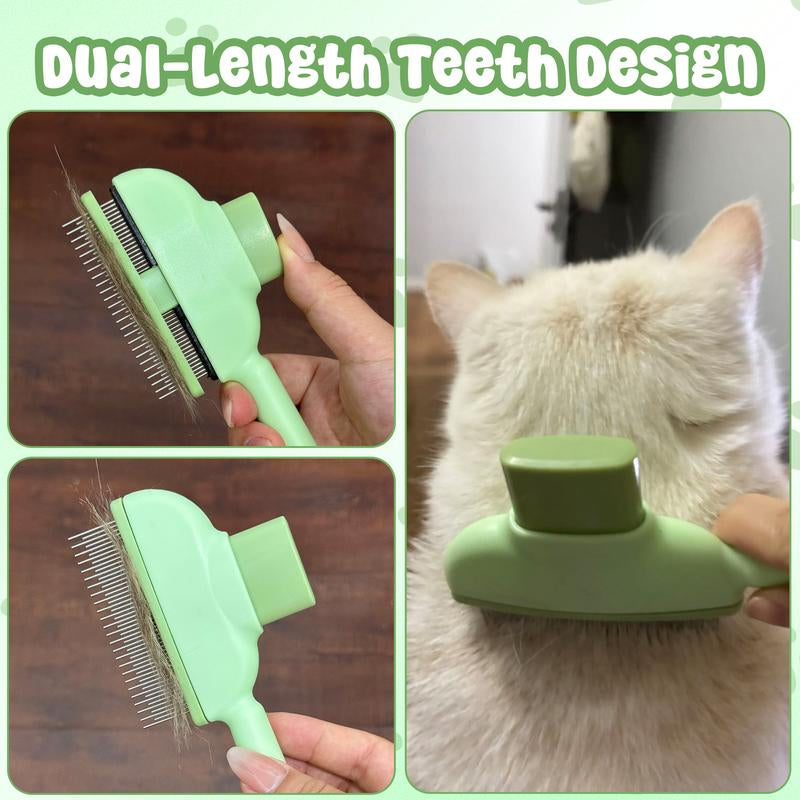Self-Cleaning Dual-Length Stainless Steel Pet Comb for Cats and Dogs - Flea and Shedding Detangling Grooming Tool with Release Button for Healthy Coat