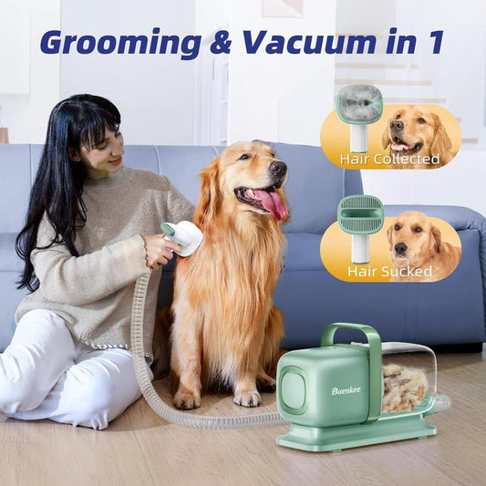 Buenkee Professional Dog Grooming Kit with Integrated Pet Grooming Vacuum, Clipper, and Shedding Brush - Low Noise Solution for Dogs and Cats, Green