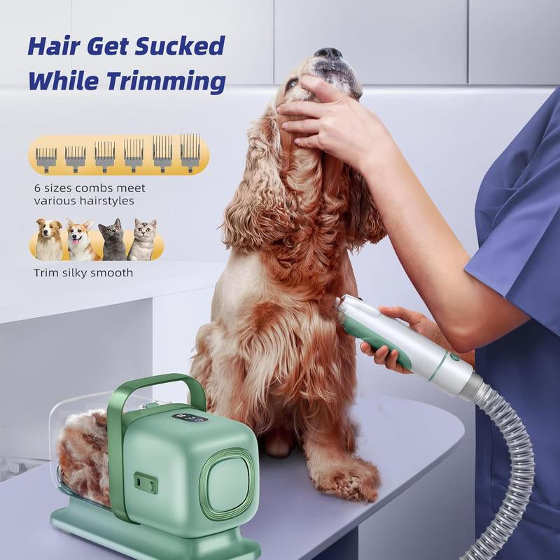 Buenkee Professional Dog Grooming Kit with Integrated Pet Grooming Vacuum, Clipper, and Shedding Brush - Low Noise Solution for Dogs and Cats, Green