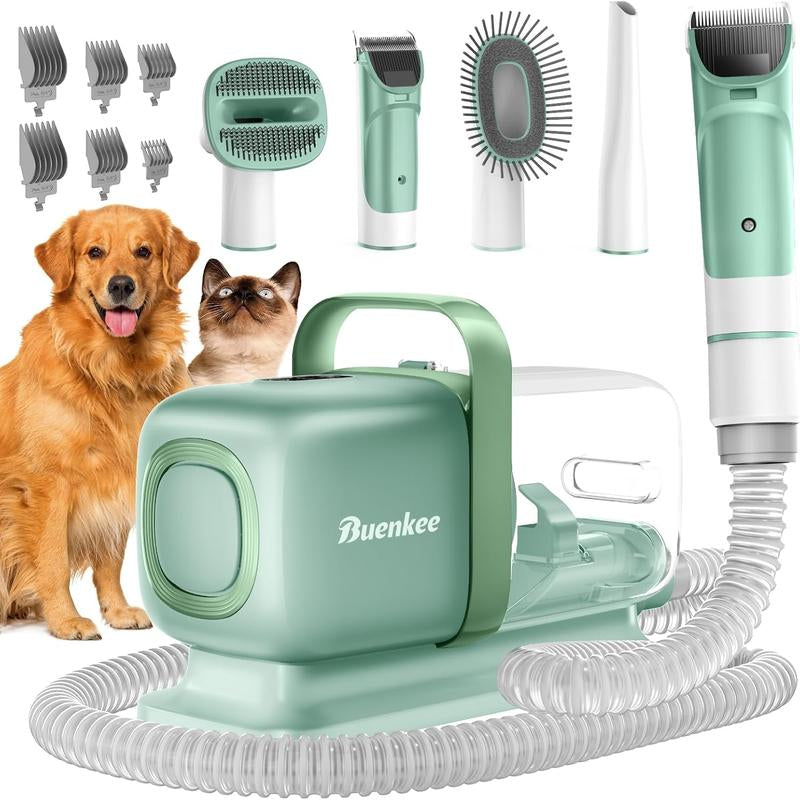Buenkee Professional Dog Grooming Kit with Integrated Pet Grooming Vacuum, Clipper, and Shedding Brush - Low Noise Solution for Dogs and Cats, Green