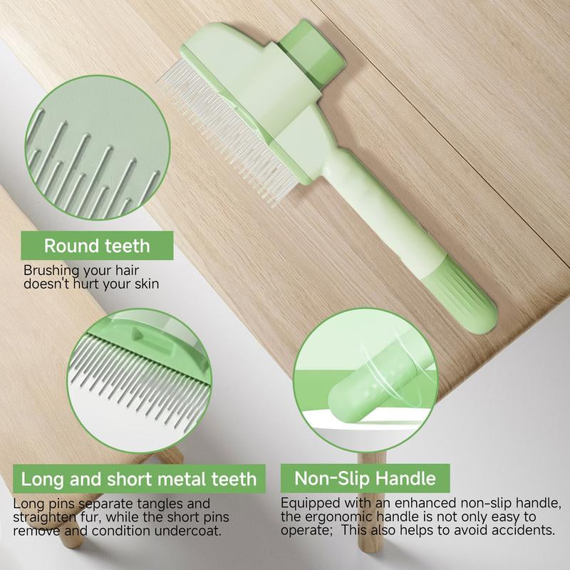 Self-Cleaning Dual-Length Stainless Steel Pet Comb for Cats and Dogs - Flea and Shedding Detangling Grooming Tool with Release Button for Healthy Coat