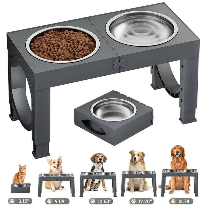 Elevated Dog Bowls Foldable, Raised Feeder Bowls Stand Set with 2 Stainless Steel Bowls,Portable Adjusts to 5 Heights, Dog Food Water Bowls for Large Medium Small Dogs and Cats,Black/White/Pink/Grey