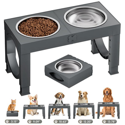 Elevated Dog Bowls Foldable, Raised Feeder Bowls Stand Set with 2 Stainless Steel Bowls,Portable Adjusts to 5 Heights, Dog Food Water Bowls for Large Medium Small Dogs and Cats,Black/White/Pink/Grey
