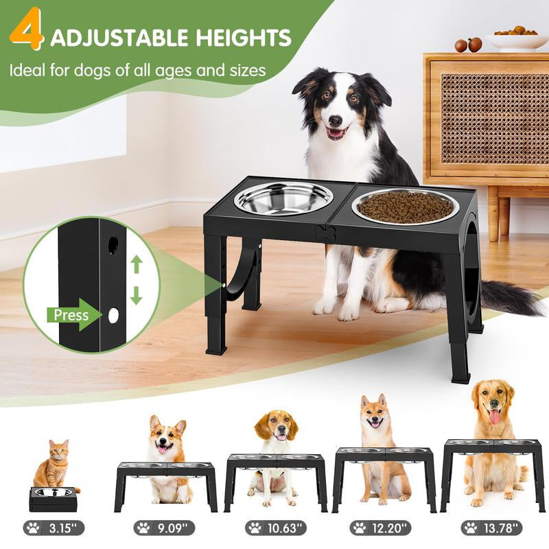Elevated Dog Bowls Foldable, Raised Feeder Bowls Stand Set with 2 Stainless Steel Bowls,Portable Adjusts to 5 Heights, Dog Food Water Bowls for Large Medium Small Dogs and Cats,Black/White/Pink/Grey