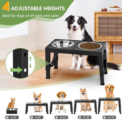 Elevated Dog Bowls Foldable, Raised Feeder Bowls Stand Set with 2 Stainless Steel Bowls,Portable Adjusts to 5 Heights, Dog Food Water Bowls for Large Medium Small Dogs and Cats,Black/White/Pink/Grey