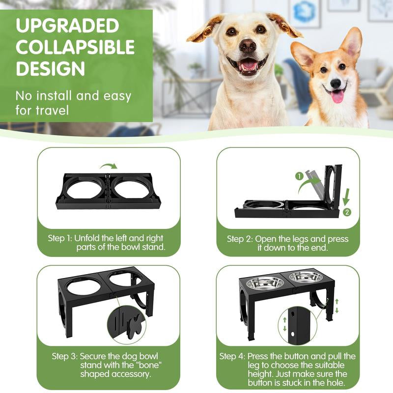 Elevated Dog Bowls Foldable, Raised Feeder Bowls Stand Set with 2 Stainless Steel Bowls,Portable Adjusts to 5 Heights, Dog Food Water Bowls for Large Medium Small Dogs and Cats,Black/White/Pink/Grey