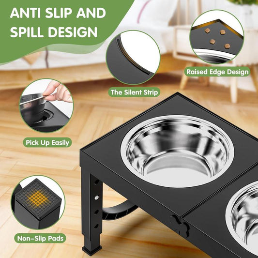 Elevated Dog Bowls Foldable, Raised Feeder Bowls Stand Set with 2 Stainless Steel Bowls,Portable Adjusts to 5 Heights, Dog Food Water Bowls for Large Medium Small Dogs and Cats,Black/White/Pink/Grey