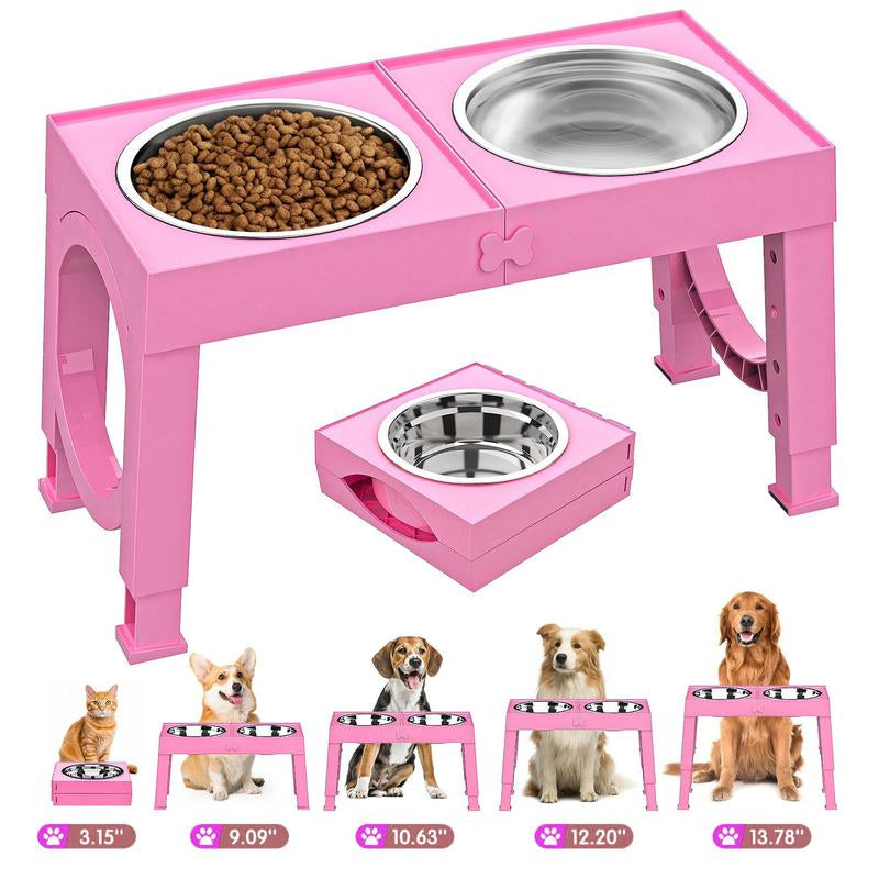Elevated Dog Bowls Foldable, Raised Feeder Bowls Stand Set with 2 Stainless Steel Bowls,Portable Adjusts to 5 Heights, Dog Food Water Bowls for Large Medium Small Dogs and Cats,Black/White/Pink/Grey