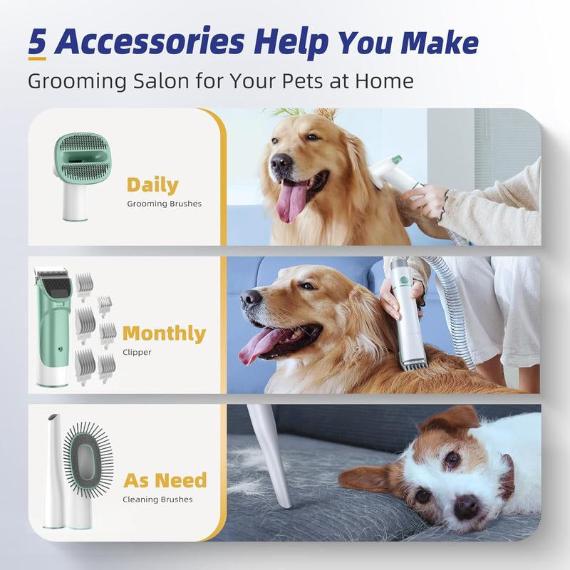 Buenkee Professional Dog Grooming Kit with Integrated Pet Grooming Vacuum, Clipper, and Shedding Brush - Low Noise Solution for Dogs and Cats, Green