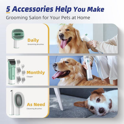 Buenkee Professional Dog Grooming Kit with Integrated Pet Grooming Vacuum, Clipper, and Shedding Brush - Low Noise Solution for Dogs and Cats, Green