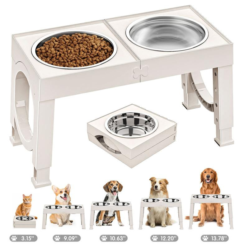Elevated Dog Bowls Foldable, Raised Feeder Bowls Stand Set with 2 Stainless Steel Bowls,Portable Adjusts to 5 Heights, Dog Food Water Bowls for Large Medium Small Dogs and Cats,Black/White/Pink/Grey