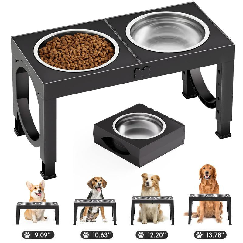 Elevated Dog Bowls Foldable, Raised Feeder Bowls Stand Set with 2 Stainless Steel Bowls,Portable Adjusts to 5 Heights, Dog Food Water Bowls for Large Medium Small Dogs and Cats,Black/White/Pink/Grey