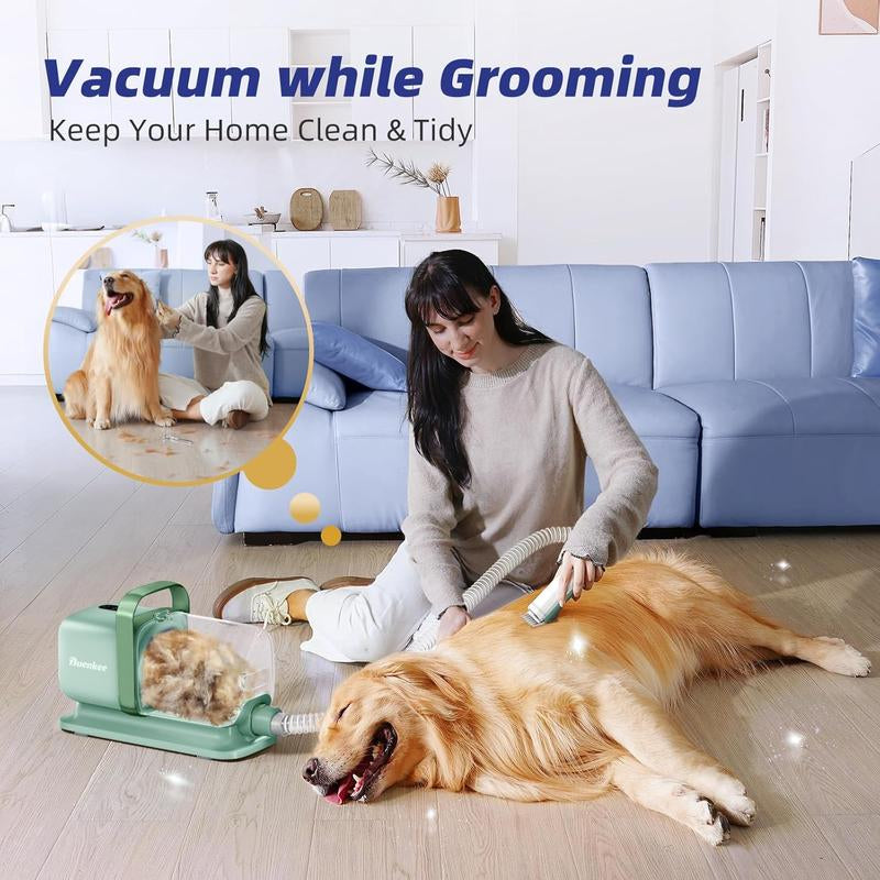 Buenkee Professional Dog Grooming Kit with Integrated Pet Grooming Vacuum, Clipper, and Shedding Brush - Low Noise Solution for Dogs and Cats, Green
