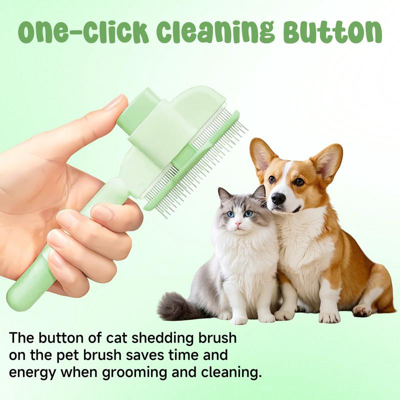 Self-Cleaning Dual-Length Stainless Steel Pet Comb for Cats and Dogs - Flea and Shedding Detangling Grooming Tool with Release Button for Healthy Coat